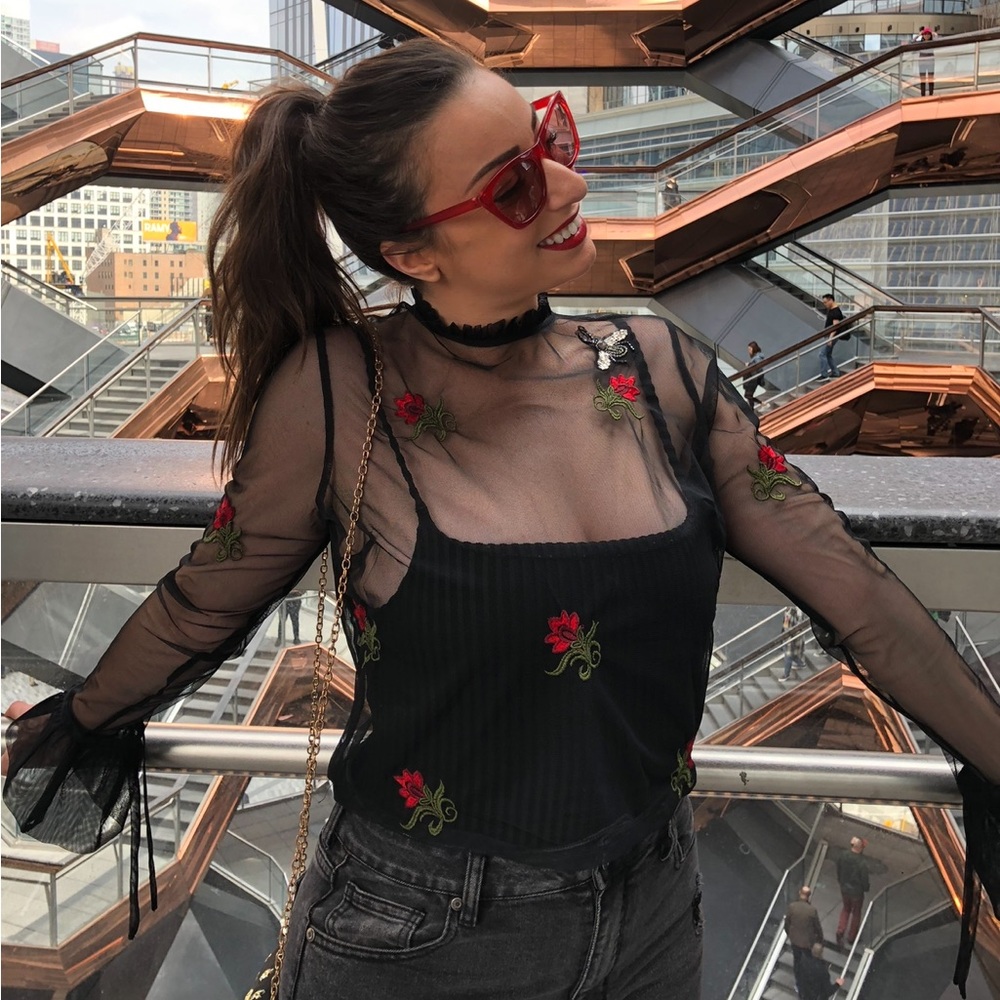 Floral Embroidered Sheer Black Top
